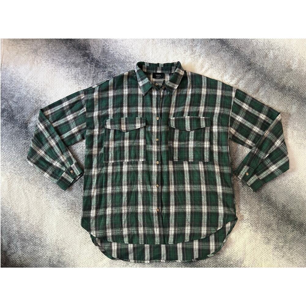 VICI Petaluma Cotton Blend Plaid Button Down Oversized Shirt Green White Large
